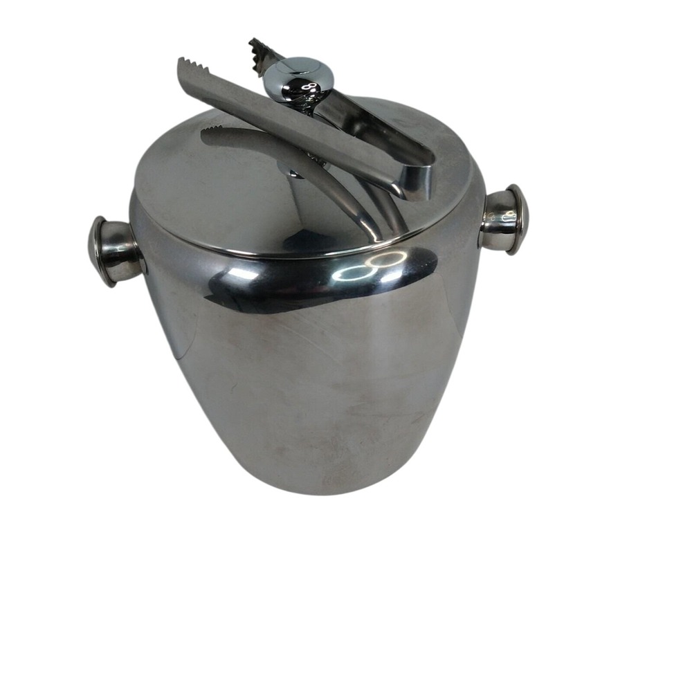 Vintage Stainless‎ Steel Ice Bucket Lidded With Tongs Mid Century Modern MCM